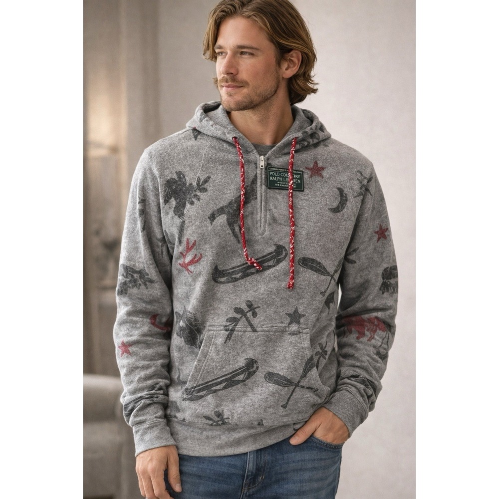 Polo Country Ralph Lauren Hoodie 1/4 Zip Mens M Gray Red Fleece Cabincore NWT